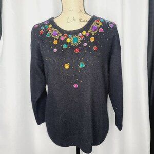 Vintage 90s Black Silk Angora Wool Colorful Jewel Glam Goth Sweater